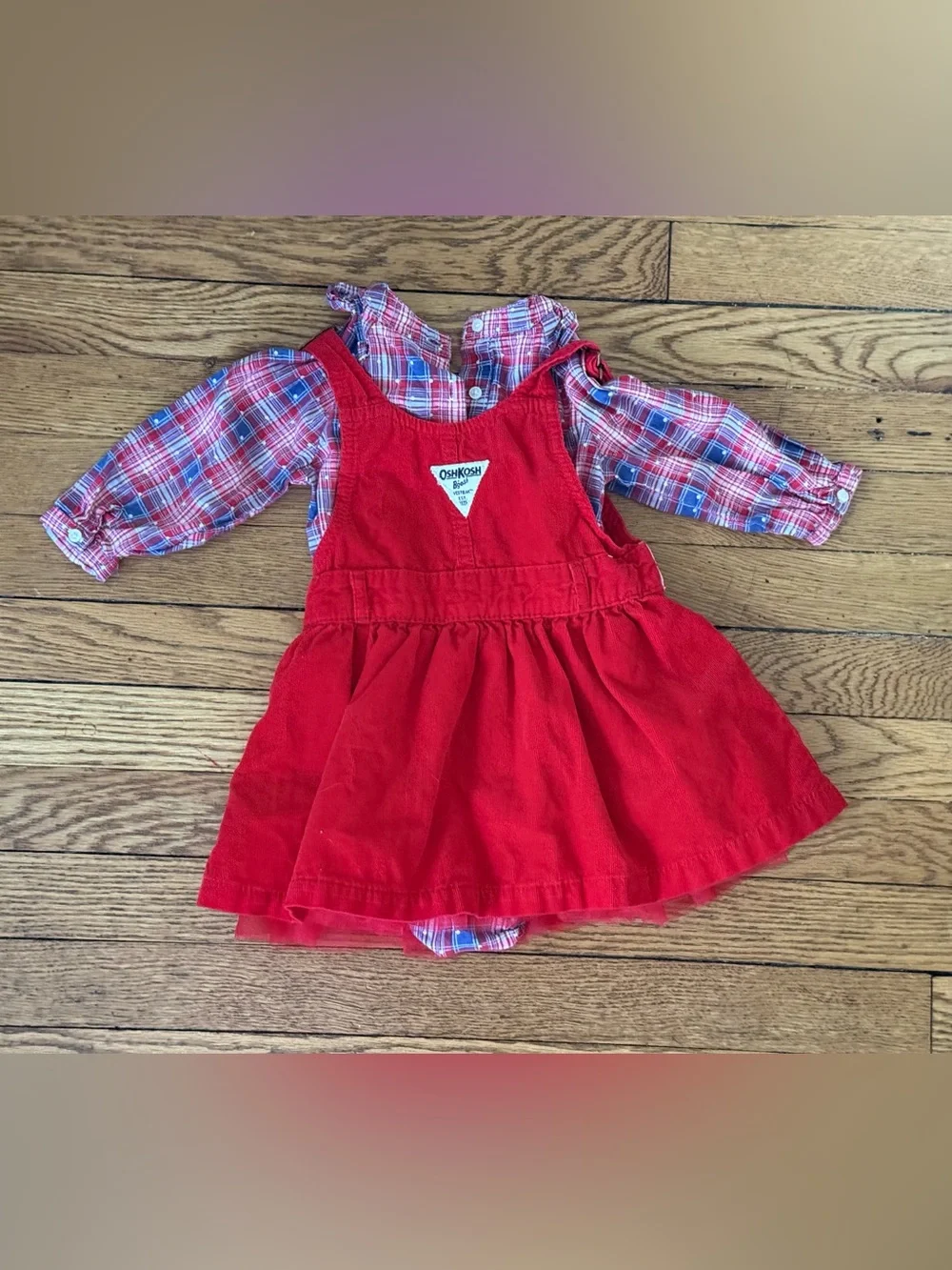 OshKosh B'gosh Red Corduroy Skirtall with Plaid Onesie - Size 18 Months
